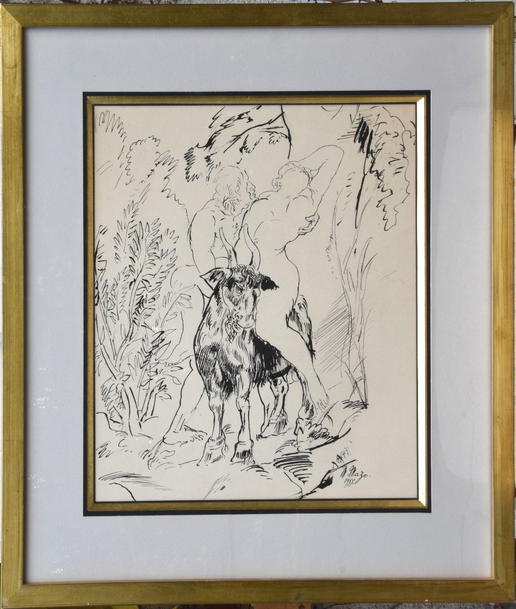 Maurice Mazo "mythological Scene" 1955 Indian Ink Drawing 34x30